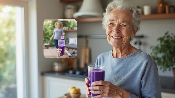 13. A 68-year-old woman holding a blueberry smoothie with a relieved smile. Inset image of her walking confidently. Modern kitch...