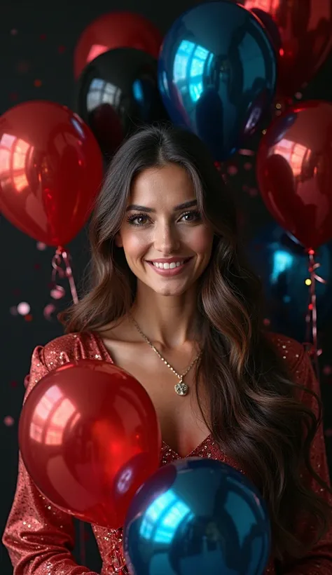 a realistic real photo studio photo with black background and red black blue birthday balloons beautiful mirrored birthday ballo...