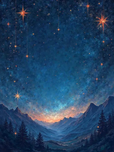 indigo blue background with orange and light blue stars scattered around the edges of the image, leaving an empty indigo blue sp...