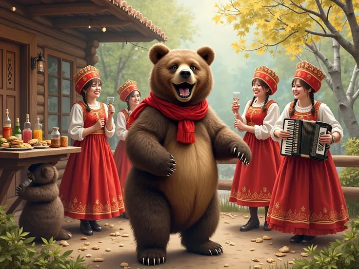 *"Bear at a traditional Russian festival, smiling and standing in the center. Around him, beautiful Russian women in bright red ...