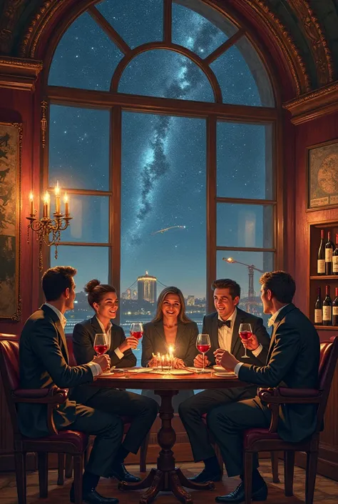 Create an art of a secret club about wine and astronomy 