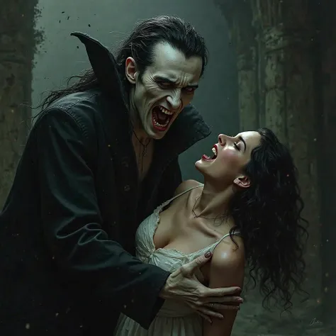 Humanoid vampire biting the neck of a young girl