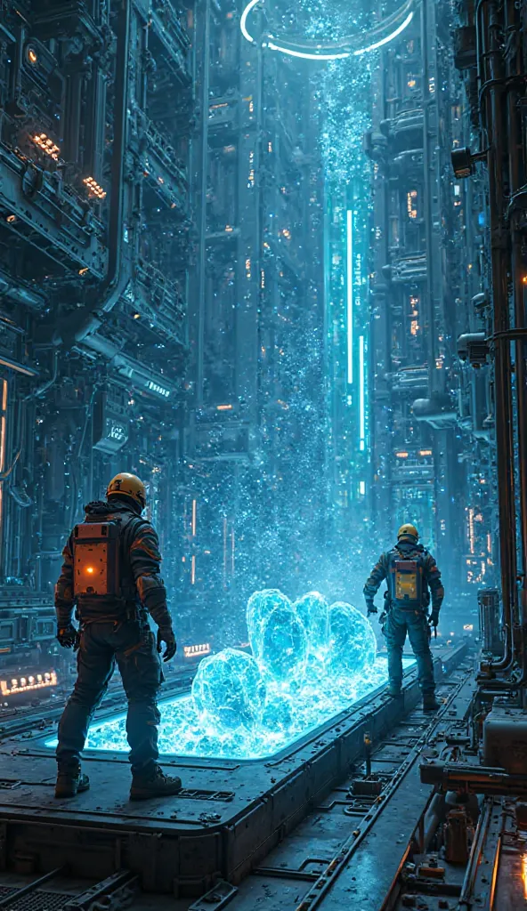 Cyberpunk workers mining energy crystals inside a smartphone battery, holographic interfaces, glowing circuits, neon-blue tones,...
