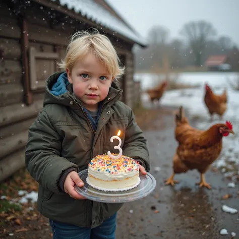 On a slightly muddy, still snowy traditional English farm, near a rustic wooden chicken coop. A young English boy, about , with ...