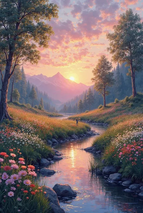 Realistic art, linda, details of a landscape scene, with detailed, luz suave, bright colors, 8k, oil painting, photorealistic, ...