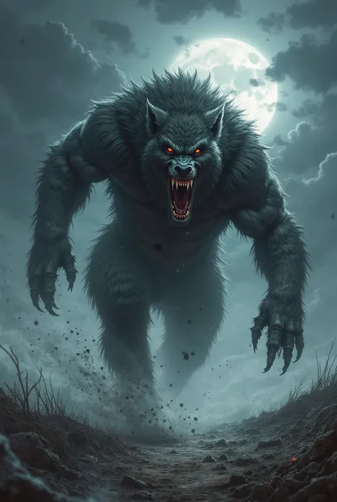 horrible werewolf running on the horizon in the middle of the night with a full moon, dark weather