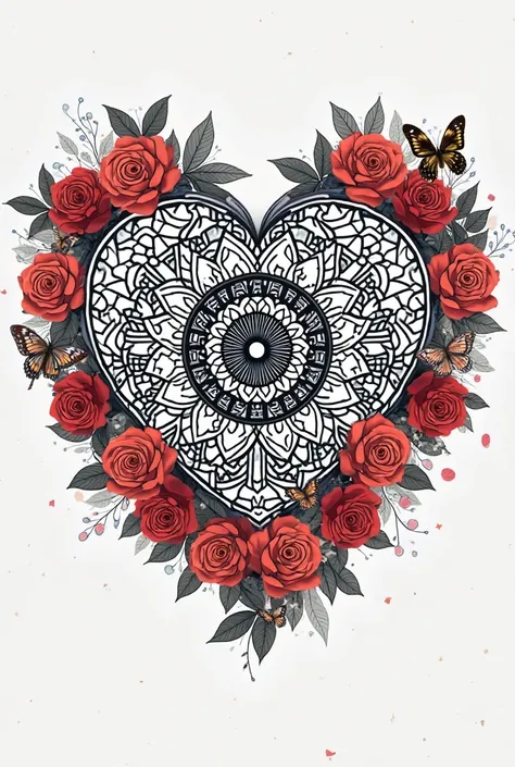 Mandala inside a heart surrounded by roses and butterflies. Bold black lines, no shading.