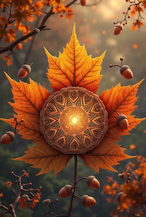 Mandala inside a maple leaf with nature elements like acorns and small birds.