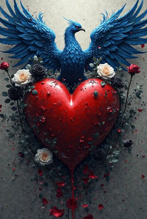 Big red heart, black and white roses, an blue Phoenix, and the name Vendetta