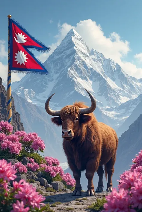 Everest yak rhododendron Nepali flag and celebrations