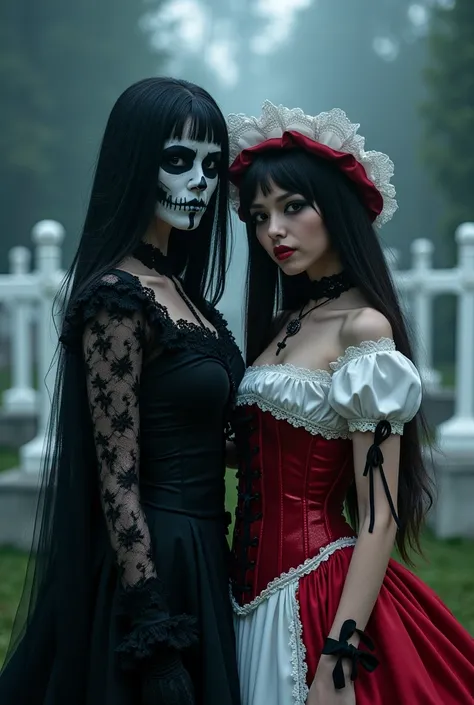 A captivating depiction of two distinct yet connected Pombagiras in a mystical cemetery setting at night. On the left, a figure ...