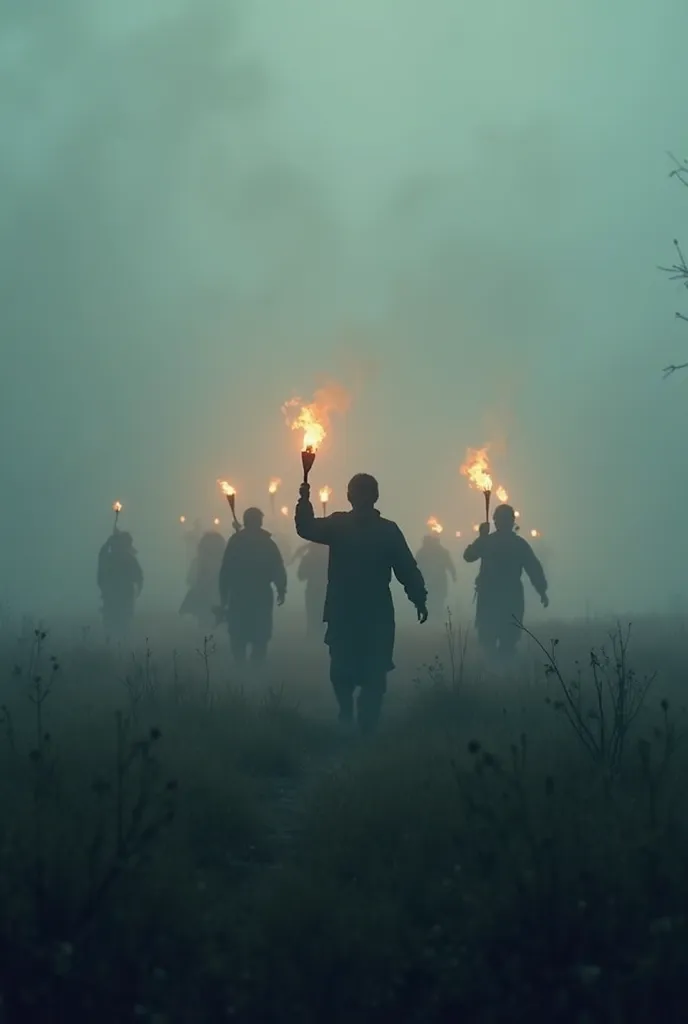 Silhouettes of people running through a foggy field with torches, rushing to help, dramatic heroism, warm light contrasting the ...