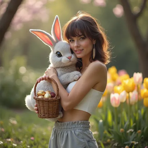 A sexy woman with shoulder-length brown hair styled in a bob with bangs, gray eyes, wearing large hoop earrings, a crop top and ...
