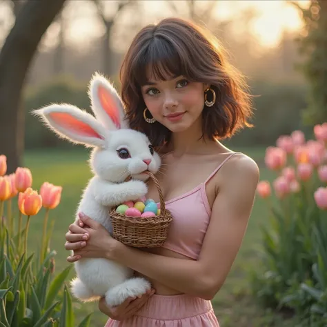 A sexy woman with shoulder-length brown hair styled in a bob with bangs, gray eyes, wearing large hoop earrings, a crop top and ...