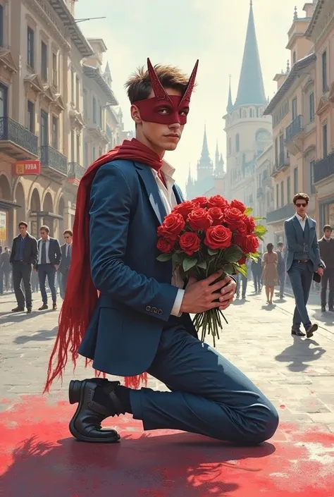Create a drawing of a young European-looking man wearing a zorro mask, standing on one knee in business-style clothes, with the...