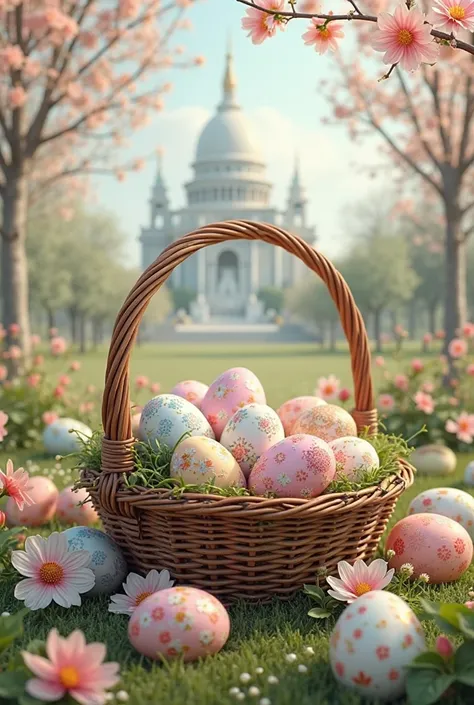 Create a beautiful Easter card.with Easter eggs, a decorative basket and a belt and framed by spring delicacies
With flowers .i...