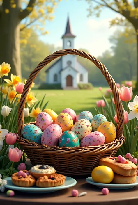 Create a beautiful Easter card.with Easter eggs with a decorative basket and Easter and framed by spring delicacies
With flower...