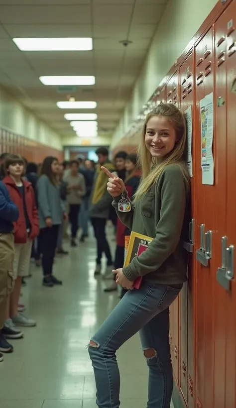 A crowded school hallway with peeling lockers, where a young woman leans against a wall, holding a textbook. She spots the camer...