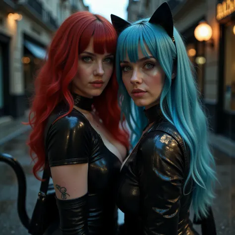Beautiful scarlet red haired young woman and a long pake pastel blue dyed haired young woman, wearing a catwoman cosplay