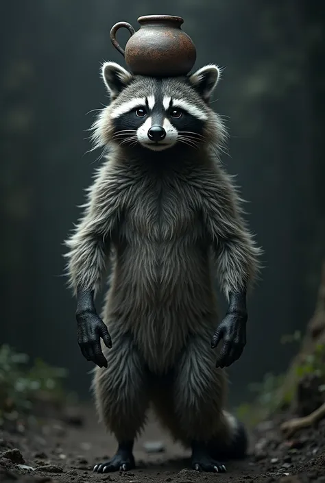 Raccoon Man, and there's a pot on my head, dark background hurts, high-quality photo, studio photo, shallow depth of field, ver...