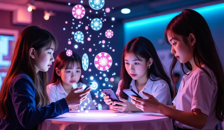 Create an image of boys and girls using mobiles and holographic screens to play interactive casino games. The scene features ava...