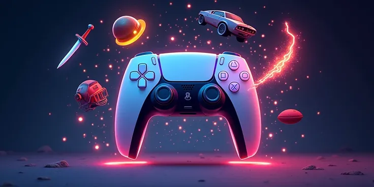 "animated style illustration, a glowing PS5 controller floating in front of a dark background, animated game objects (car, sword...