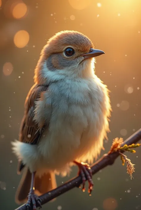 A mesmerizing close-up portrait of a gorgeous little bird illuminated by the soft, golden light of a tranquil morning, with vibr...