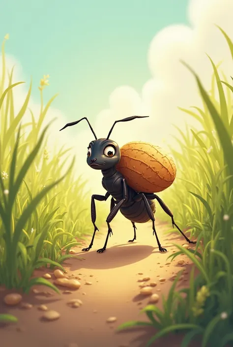 1. An ant walking on a path with a grain on her back, under a bright sun
Style: Storybook illustration, daytime, grassy path, ha...