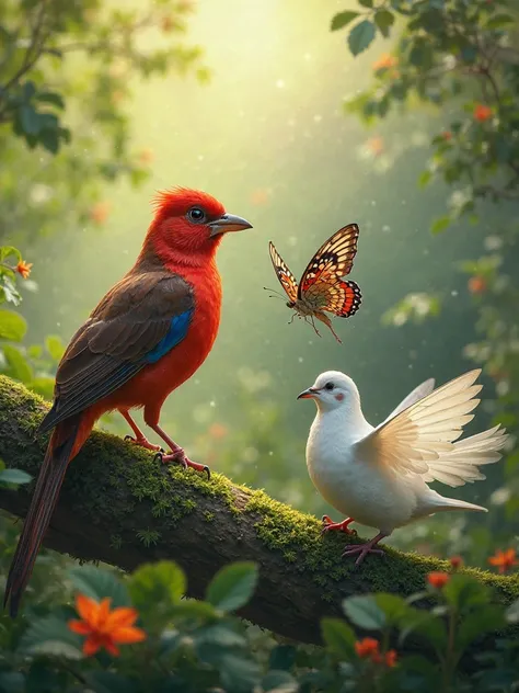 A vibrant scene depicting a red-breasted bird, a butterfly with intricate patterns, and a dove peacefully coexisting in a lush, ...