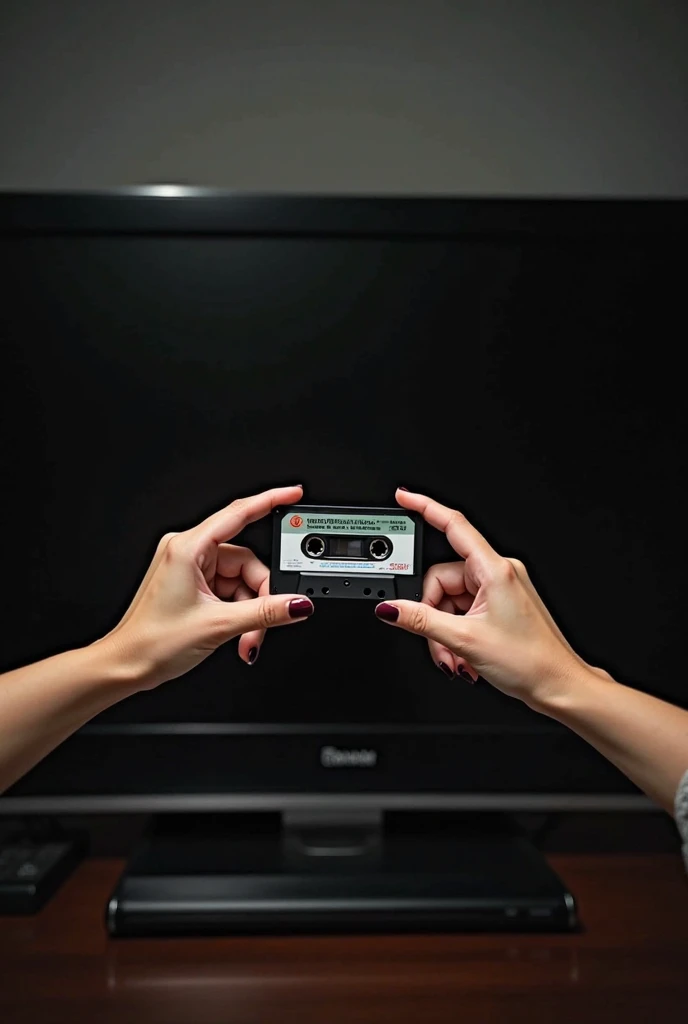 2 women's hands hold a cassette tape, in front of the tape in the background black TV