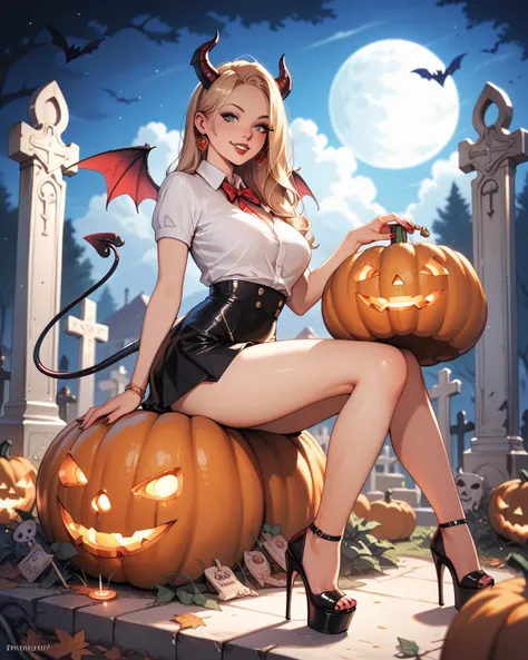 girl in short skirt, neckline, platform heels and devil's tail asking for candy at midnight in a cemetery, sitting on a pumpkin