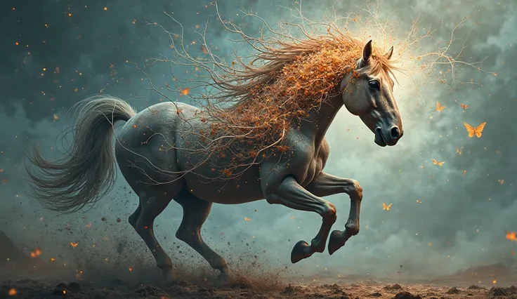 A symbolic image showing a wild horse transforming into a human brain, representing uncontrolled thoughts. Animation style