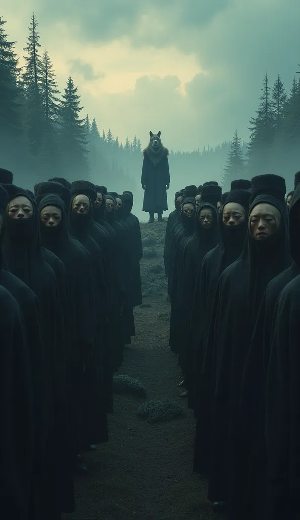 A gauche, A crowd in an evening, all dressed the same, Forced smile and to the right a lone wolf in a forest or a lion alone in ...