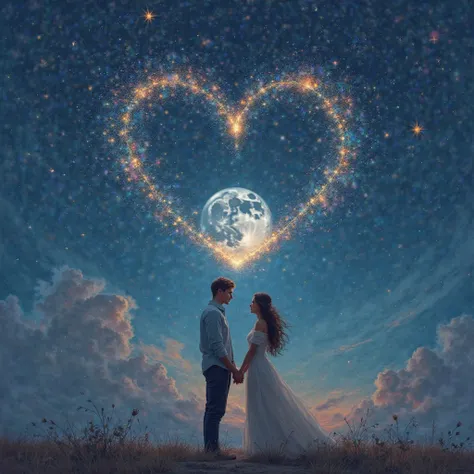 a couple united by a thread of stars that form a heart between them, starry night sky, full moon, romantic portrait, expressions...