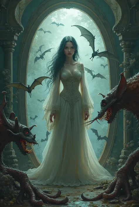 >Scene of a beautiful young witch she is looking in the mirror when she suddenly enters it and goes out into another dimension f...