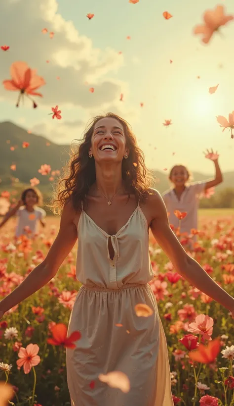 emotional scene: a woman crying with joy as the pain disappears; ao redor, flowery fields and ren playing freely. All transmitti...