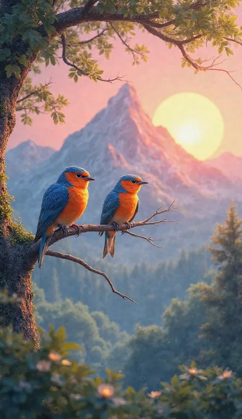 Make me a picture of a very beautiful landscape in the morning with a picture of a pair of beautiful little birds chirping on a ...