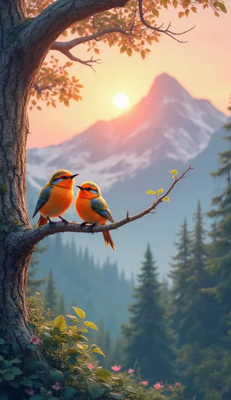 Make me a picture of a very beautiful landscape in the morning with a picture of a pair of beautiful little birds chirping on a ...