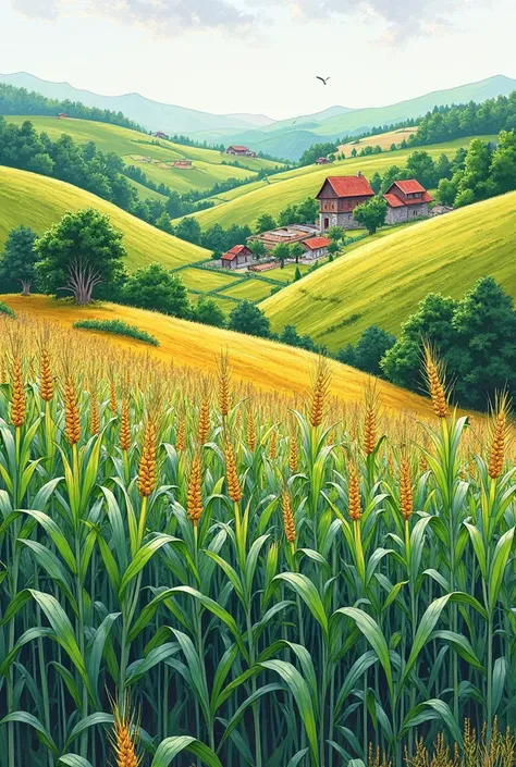 A colored sketch of a small maize farm 
