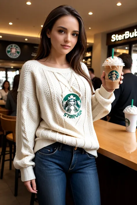 Jessica, brunette, 32 years old, perfect body, green eyes, wearing oversized knitted sweater with jeans, in starbucks, people in...