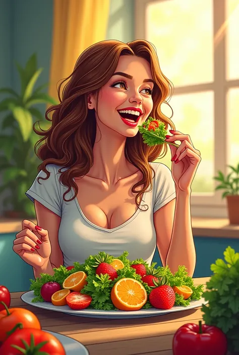 Comic book art-style. A vibrant, dynamic scene of a woman joyfully eating a colorful salad packed with Vitamin C-rich foods, sun...
