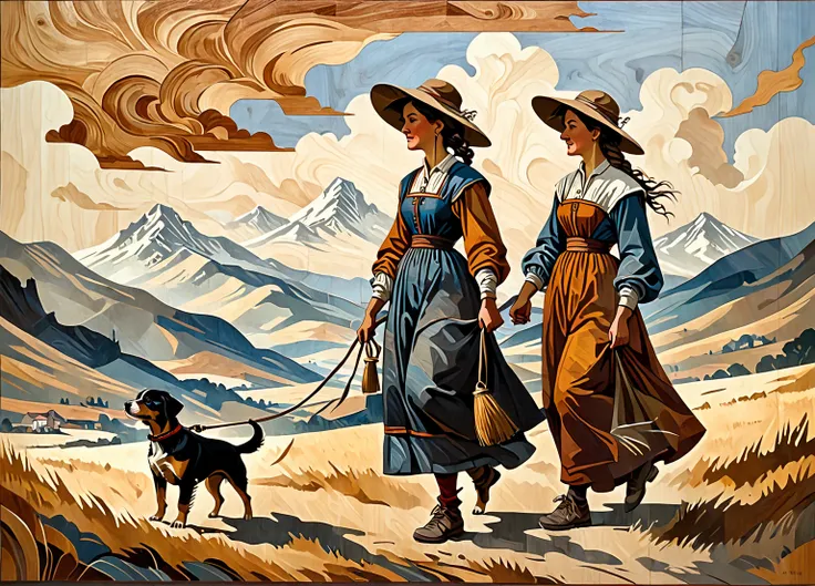 a magnificent work in marquetry depicting a peasant woman, wearing a hat next to a dog, walking across the plain with a mountain...