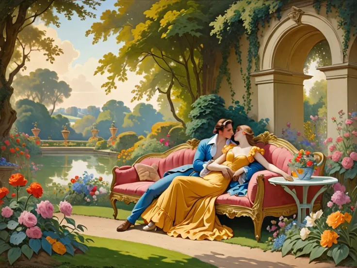 A scene of lovers rendezvousing in a picturesque garden. In the style of Gaston Bussiere