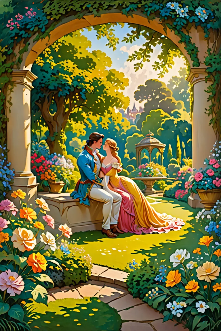 A scene of lovers rendezvousing in a picturesque garden. In the style of Gaston Bussiere