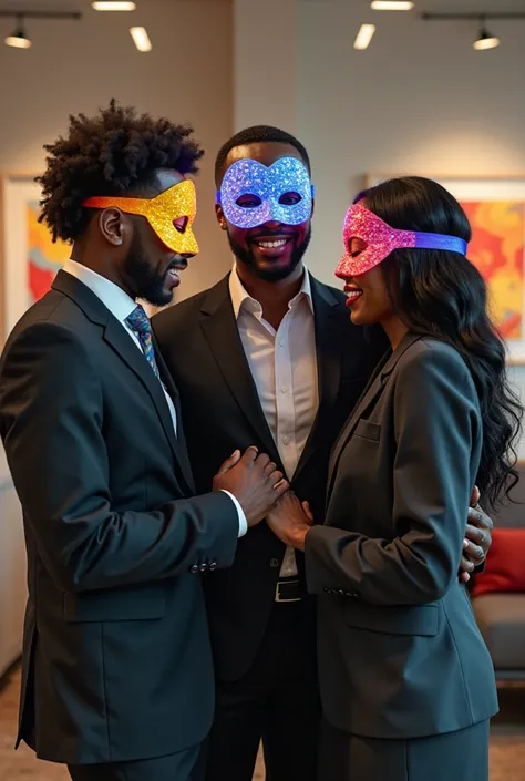 Create an image of black couples backing eachother, putting on party masks and dressed in corporate attire.(Photorealistic)