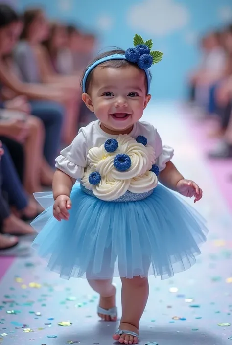 "A joyful 6-month-old baby strides elegantly along a dreamy confectionery-themed runway, wearing a whimsical blueberry cupcake d...