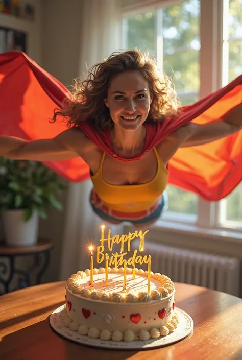 A superhero with a happy birthday cake on the table! realistic image photo. She is a woman with a cape and slightly sideways
. s...