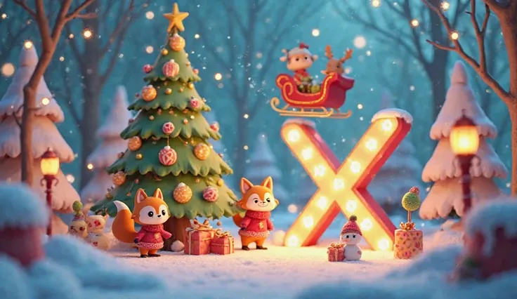 Create a magical 3D cartoon scene in the style of Cocomelon, set in a cozy, snow-covered forest during Christmas Eve. In the cen...