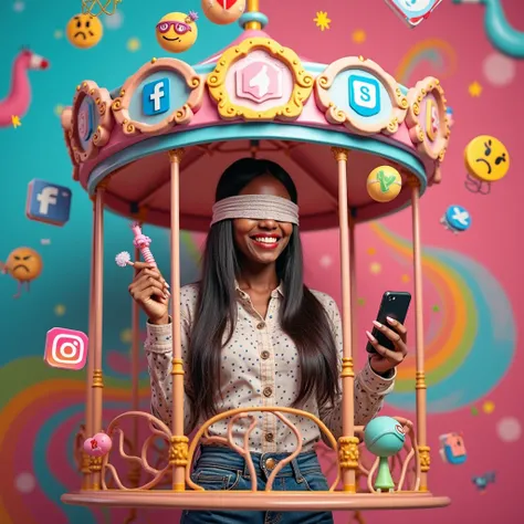 A colorful and playful Instagram-style image showing a surreal scene of a woman with medium-dark skin, long straight dark brown ...