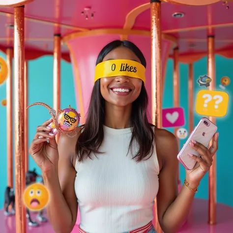 A vibrant and surreal Instagram-style image of a confident, smiling woman with medium tan skin, long dark brown straight hair, t...